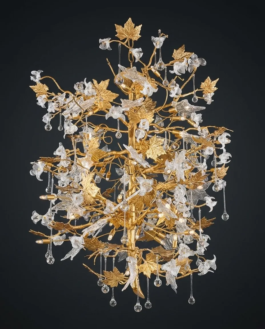 An ornate gilt branch chandelier with crystal leaves, custom made by Leo Light
