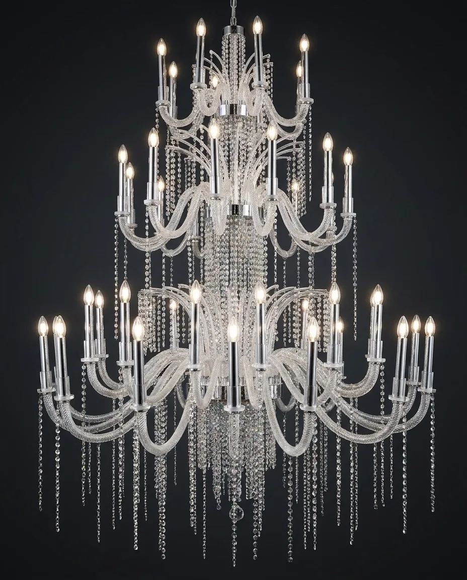 A grand multi-tier crystal chandelier from the Leo Light showroom