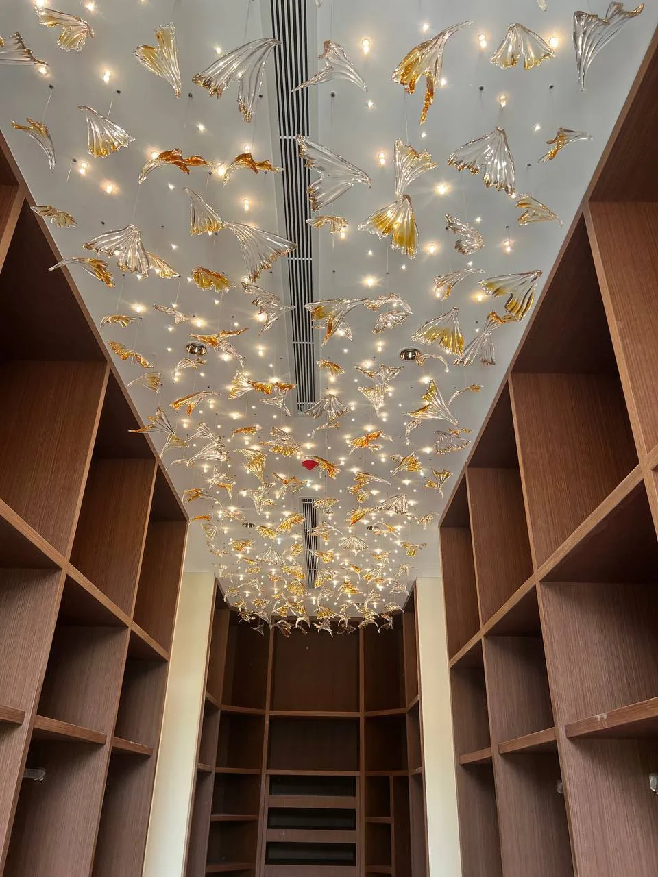 A sculptural glass wing ceiling feature, illuminated
